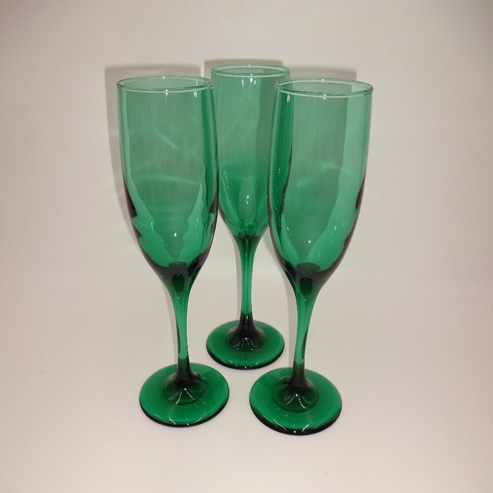 Set of 3 Vintage Libbey Glass Teardrop Juniper Fluted Champagne Flute Glasses